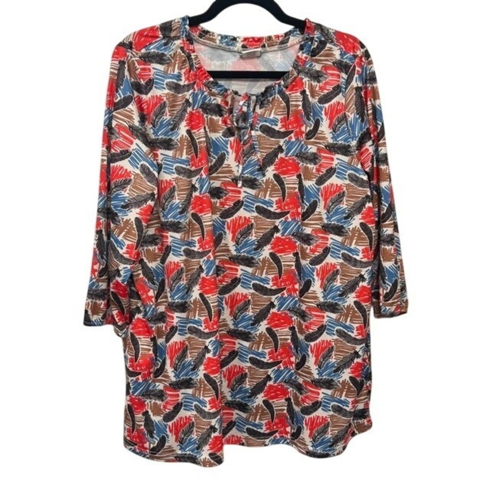 Womens 2X Red Blue Feather‎ Print 3/4 Sleeve Top Tie Neck Peasant Boho Blouse